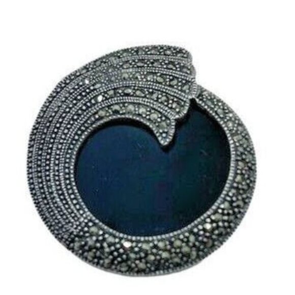 Signed FAS 925 Sterling Silver Marcasite and Onyx Brooch Pin Vintage Deco Style - Picture 2 of 4